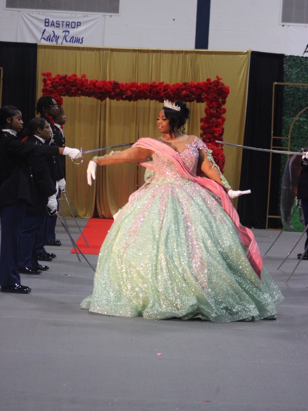 Sparkling Mint & Pink Ball Gown Dress with Draped Sashh